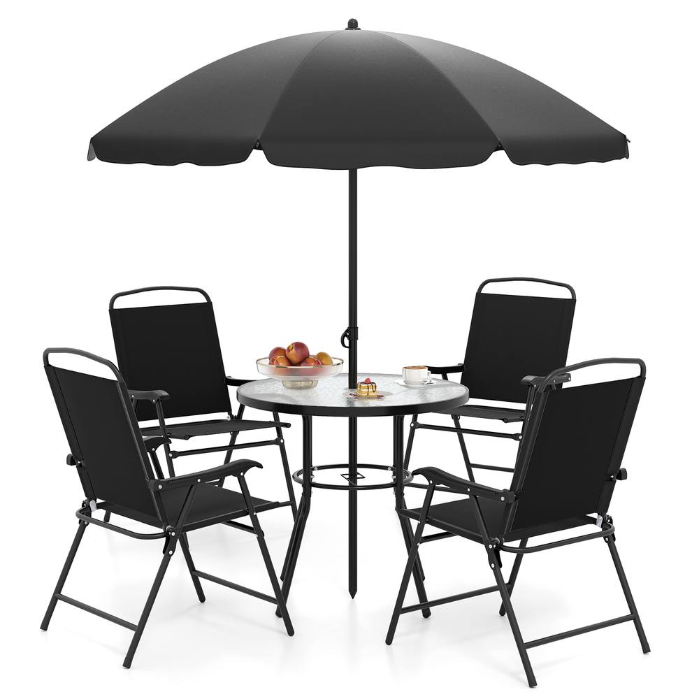 Costway 6 PCSs Patio Dining Set with Umbrella Outdoor Table & Chairs Set in Black
