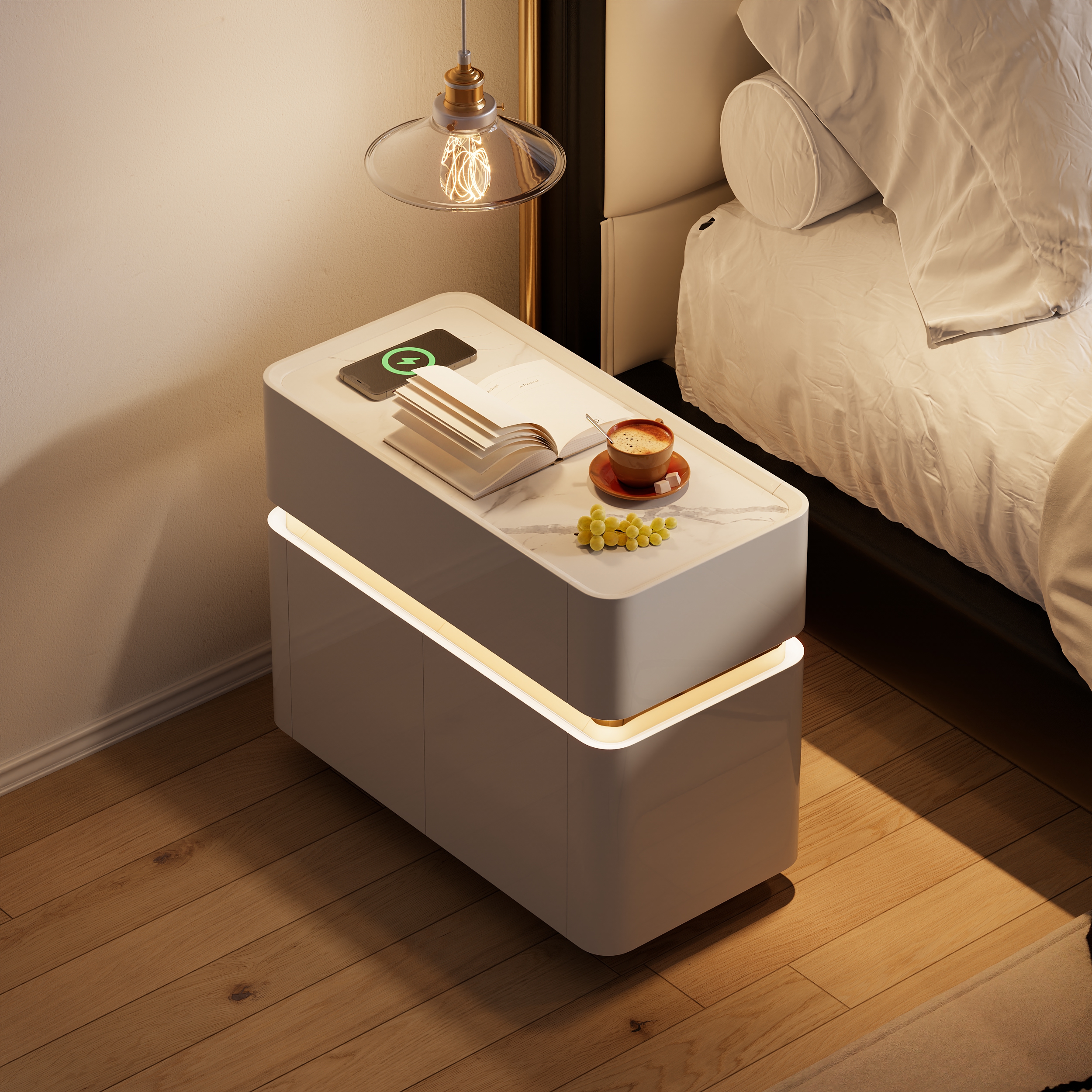 Narrow Smart LED Nightstand with Sintered Stone Top
