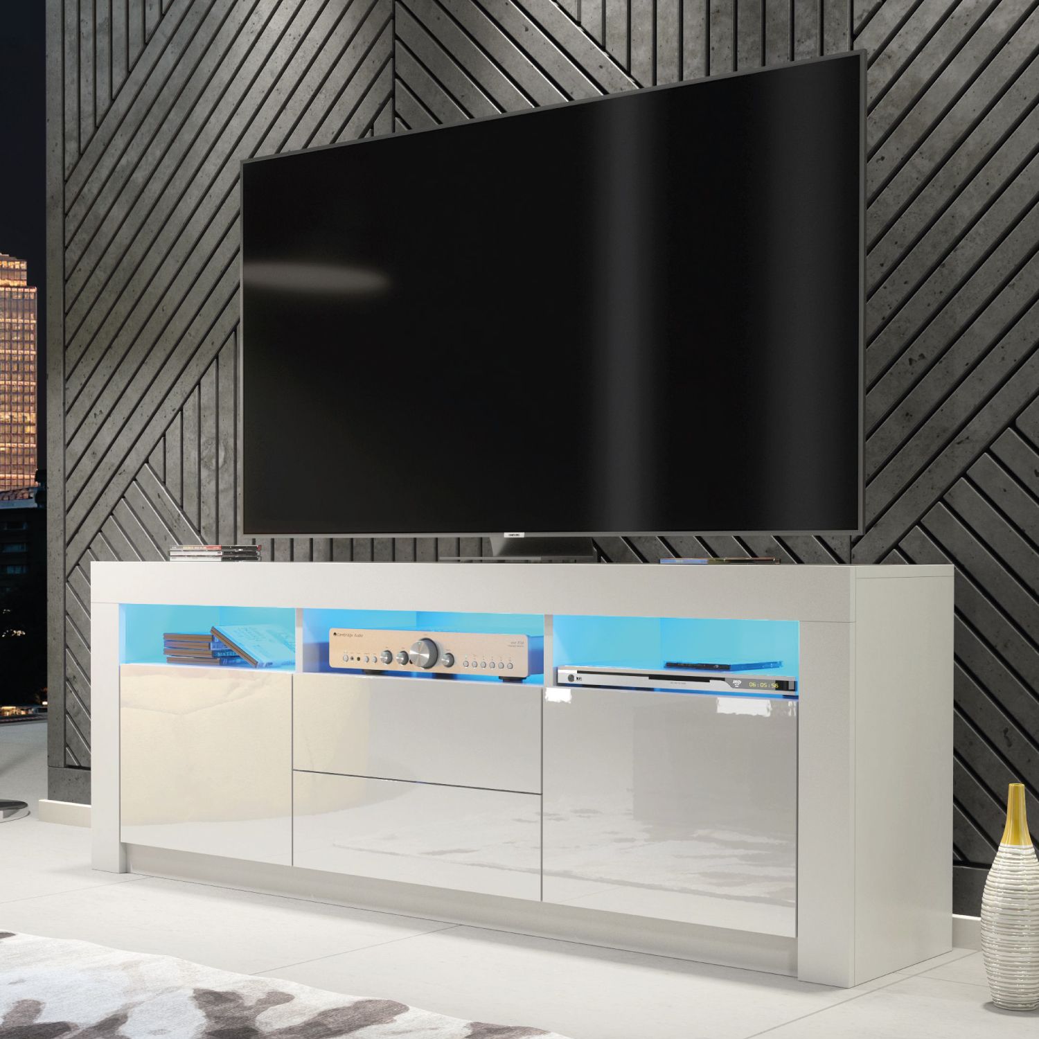 Creative Furniture Shine TV Unit 160cm - A Bright & Stylish Cabinet with Gloss Doors & LED Lights in White