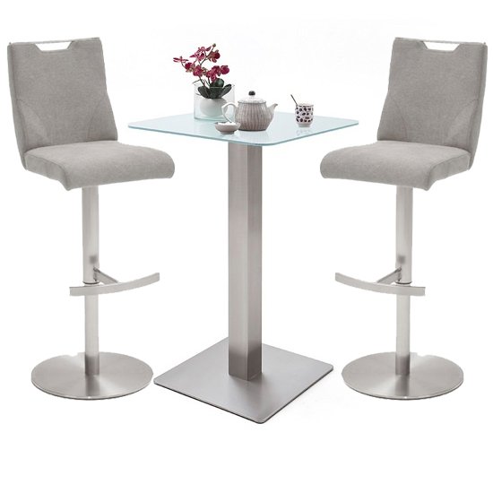 Soho White Glass Bar Table With 2 Jiulia Ice Grey Fabric Stools
