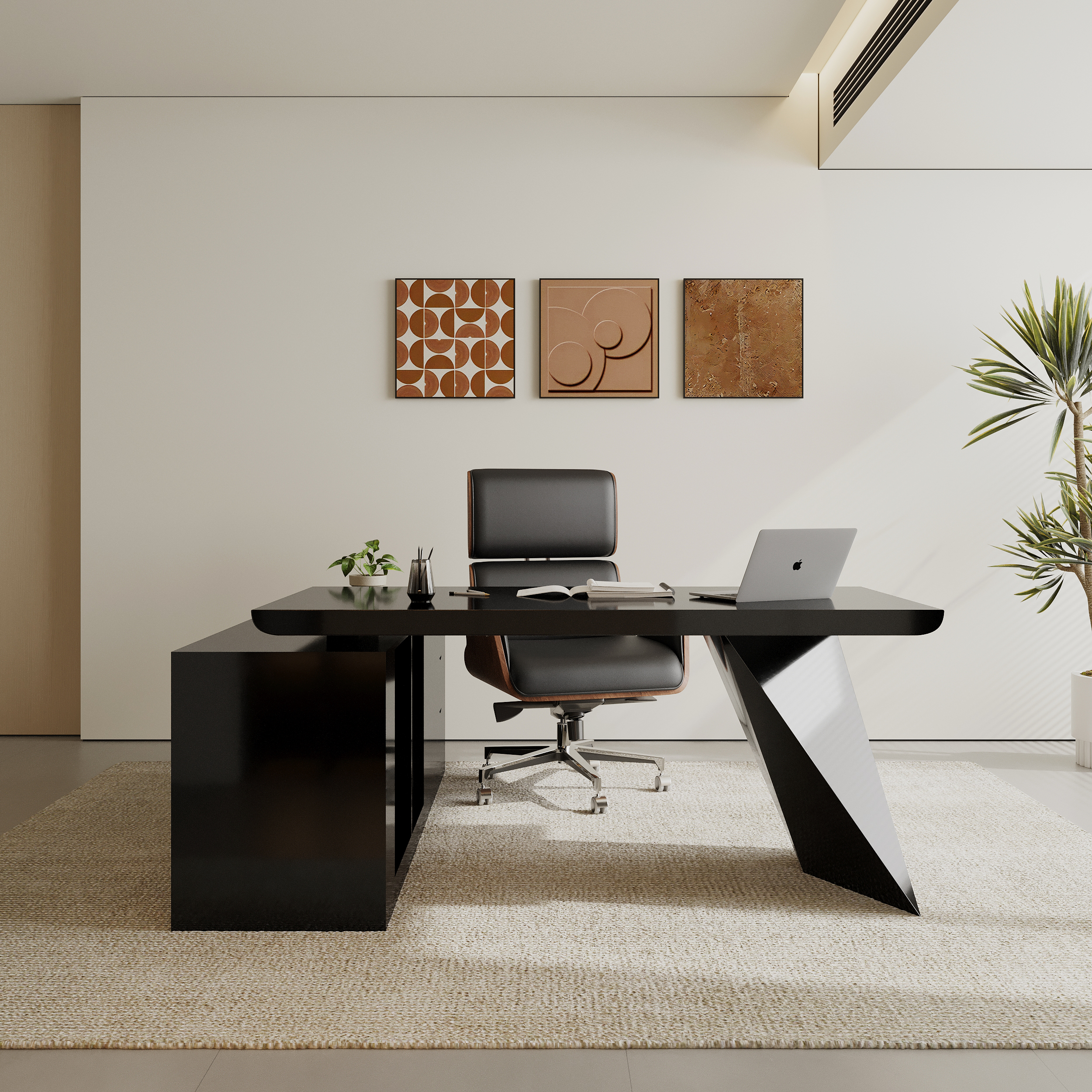 Set Black L-Shape Executive Desk Right Hand Reclining Leather Office Desk Chair (1800m)