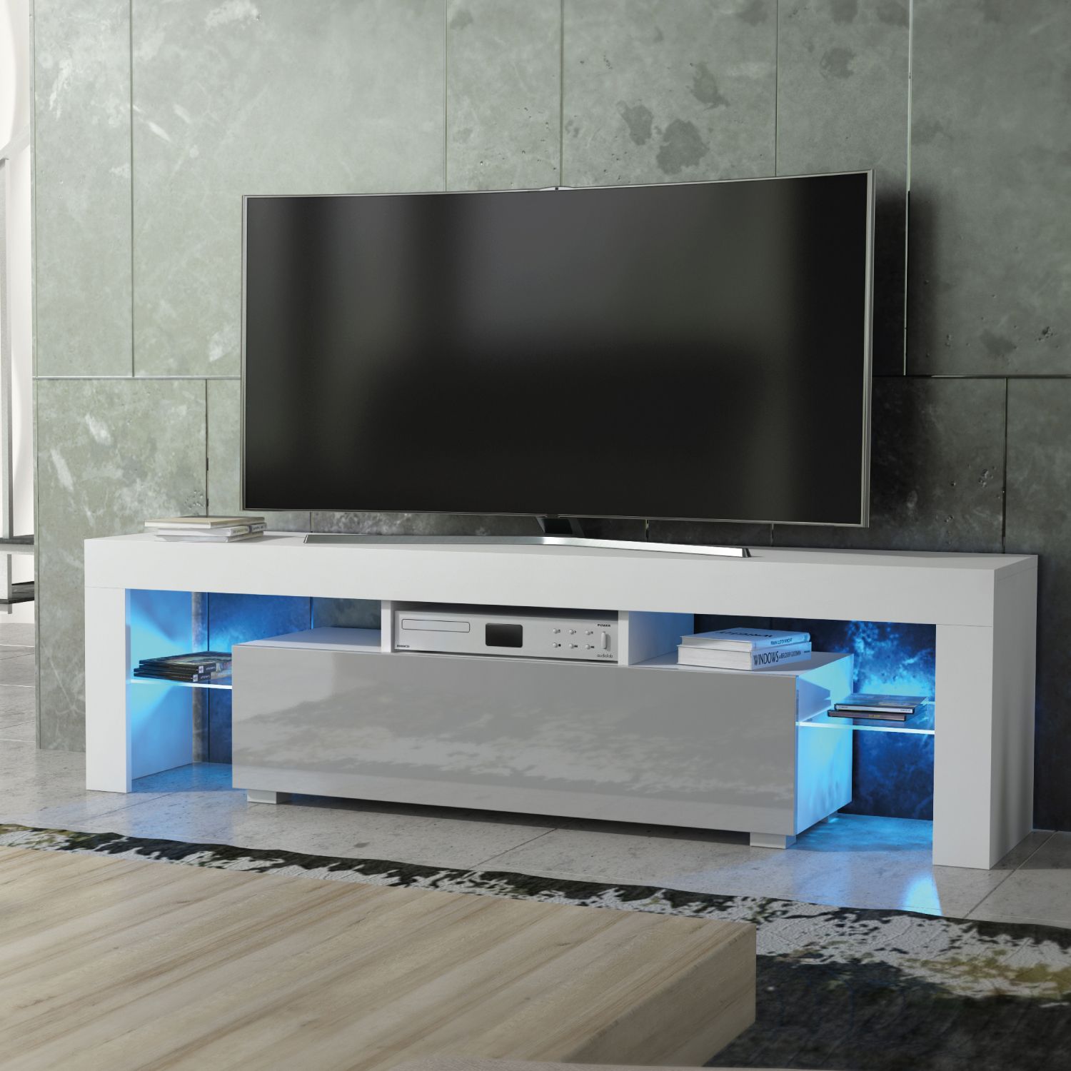 Creative Furniture Aria TV Unit 160cm White with High Gloss Doors & LED Lights in Grey
