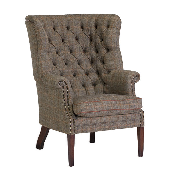 Harris Tweed Mackenzie chair, Bracken Herringbone and Brompton Tan