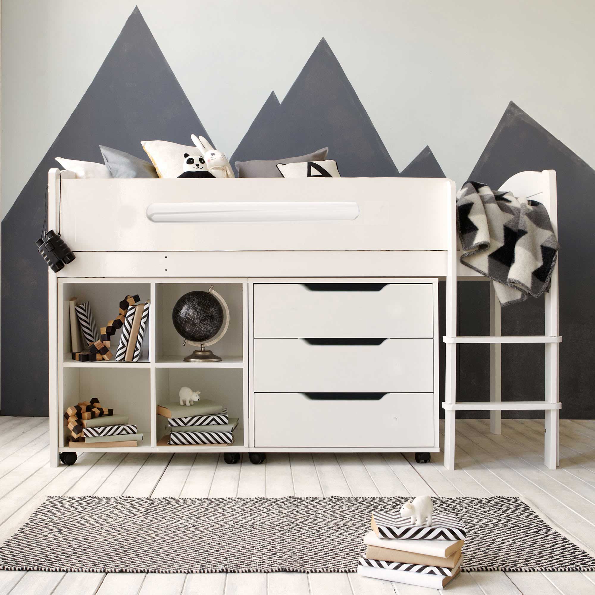 Kenzie Childrens Midsleeper with Chest Of Drawers And Storage Bookcase