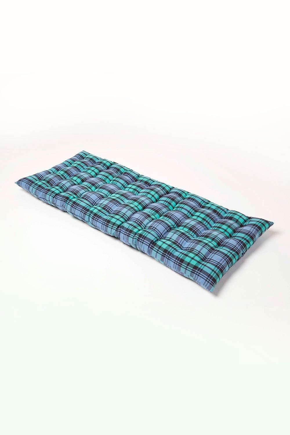Homescapes Garden Bench Cushion Luxury 2 Seat Cotton Green Tartan Indoor Outdoor Pad