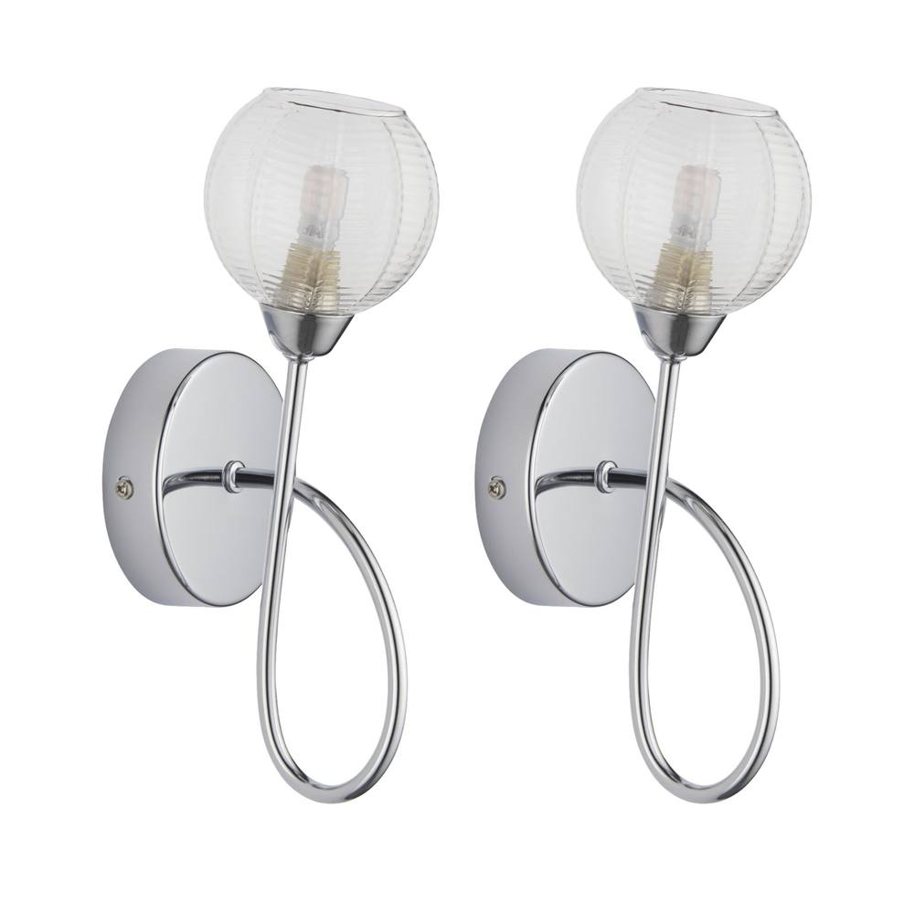 First Choice Lighting Set of 2 Tatton - Chrome with Ribbed Glass Wall Lamps in Silver