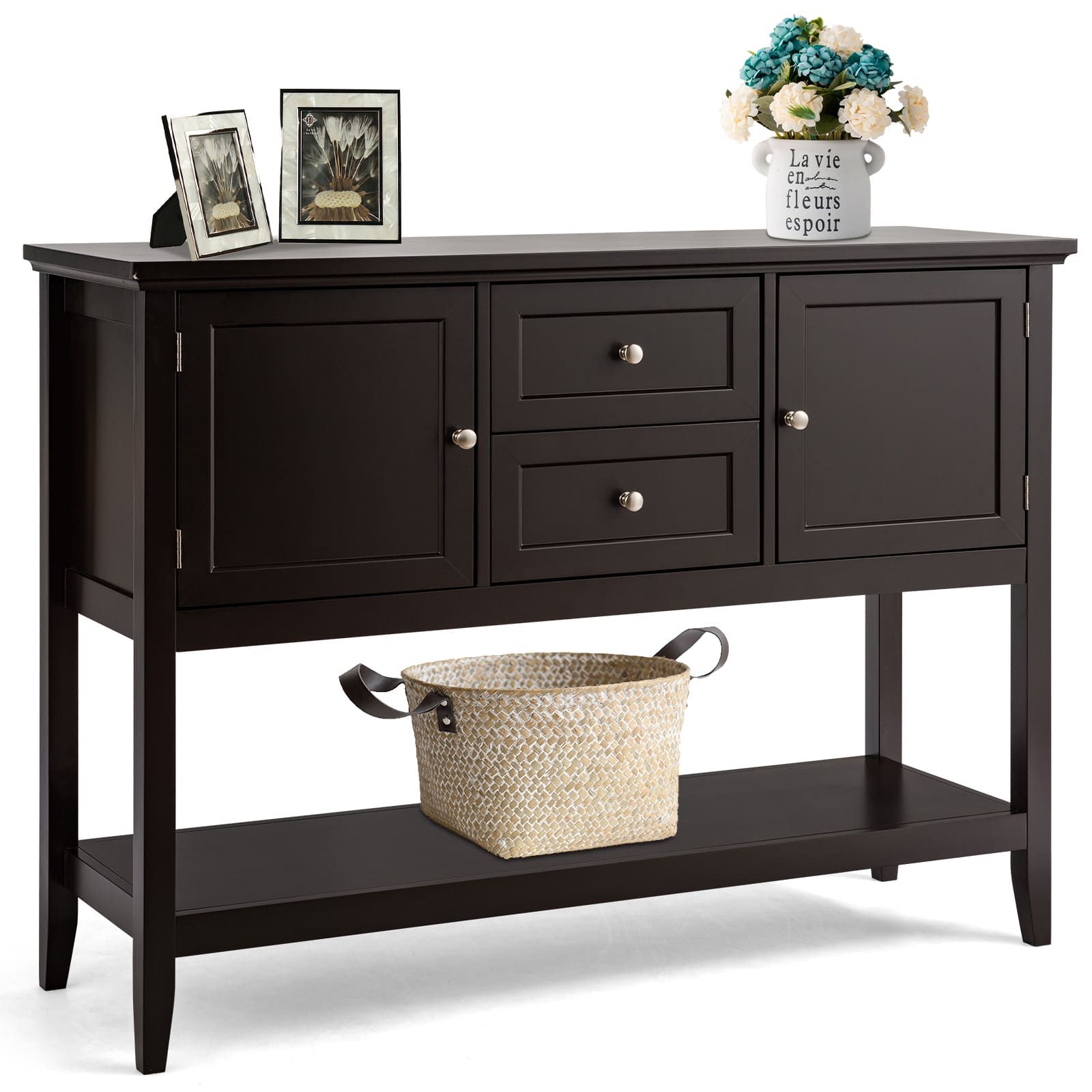 Costway Console Sofa Table Narrow Entryway Table W/ 2 Drawers & 2 Cabinets in Brown