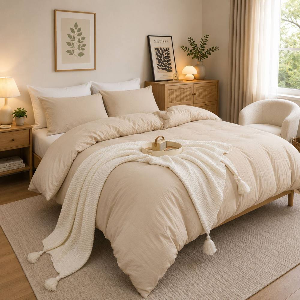 Grace Prewashed Microfibre Duvet Cover Set Soft Lightweight Zipper Closure in Beige