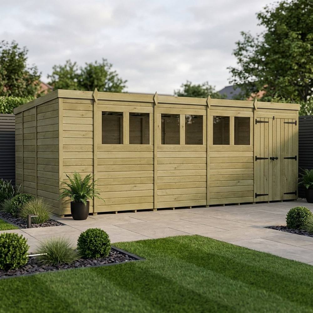 Buttercup Farm 18ft x 9ft Pent Garden Shed Double Door With Windows - Timber in Brown 2