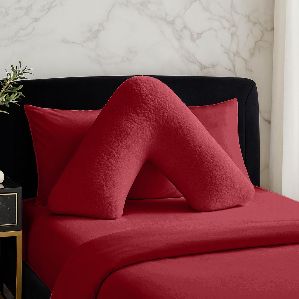Snug City Teddy Bear Fleece Super Soft Cosy V Shape Pillowcase in Red
