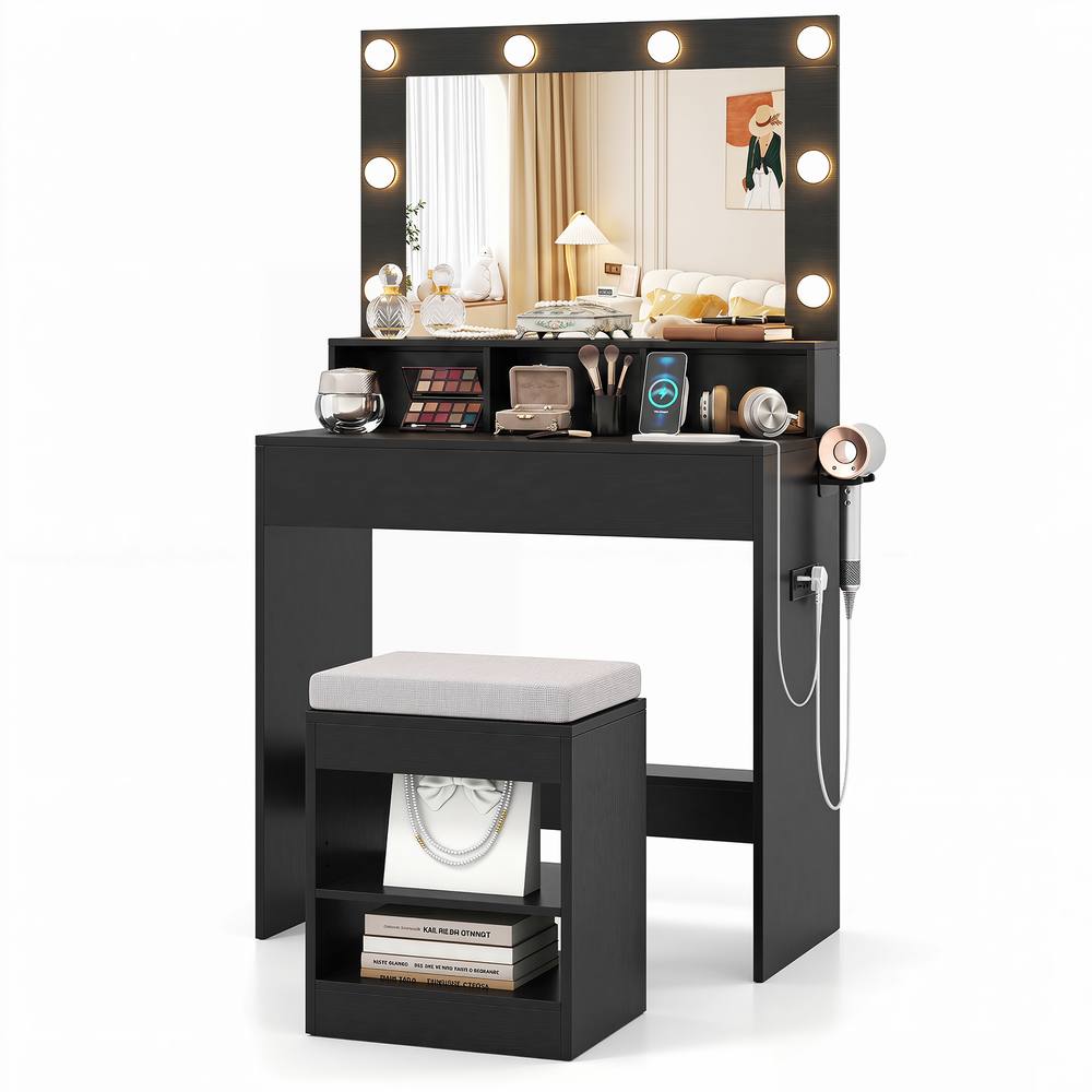 Costway Makeup Vanity Desk Set w/Mirror &Lights Dressing Table w/Stool &Drawer in Black