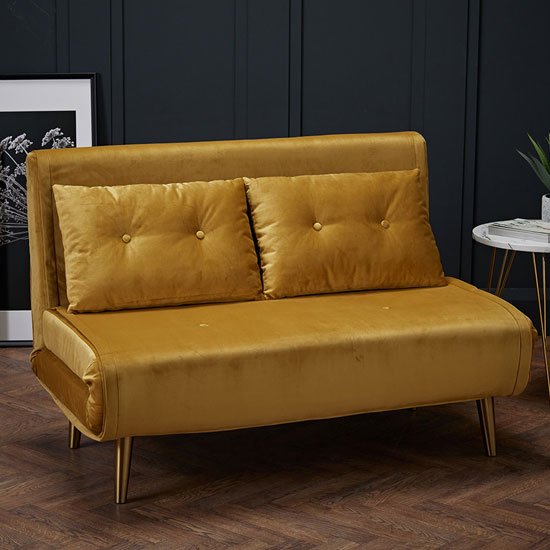 Madison Velvet Upholstered Sofa Bed In Mustard With Gold Legs