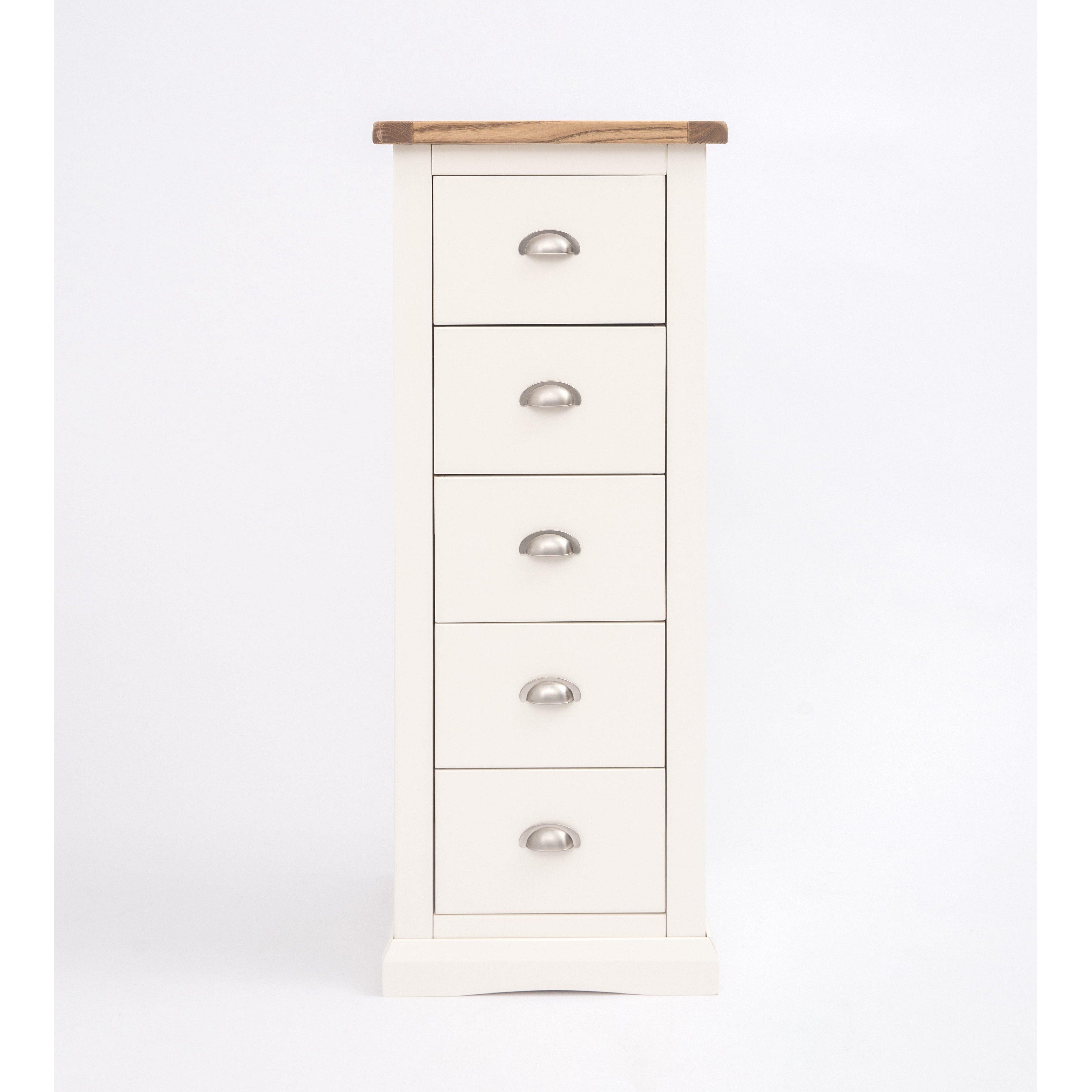 Cabinet Bits Cosenza 5 Drawer Narrow Chest of Drawers Chrome Cup Handle in Off-White