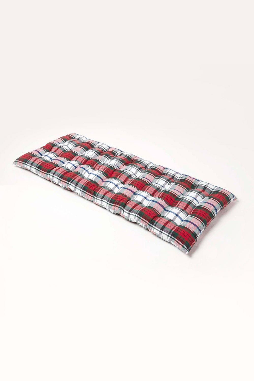 Homescapes Garden Bench Cushion Luxury 2 Seater Cotton Red Tartan Indoor Outdoor Pad