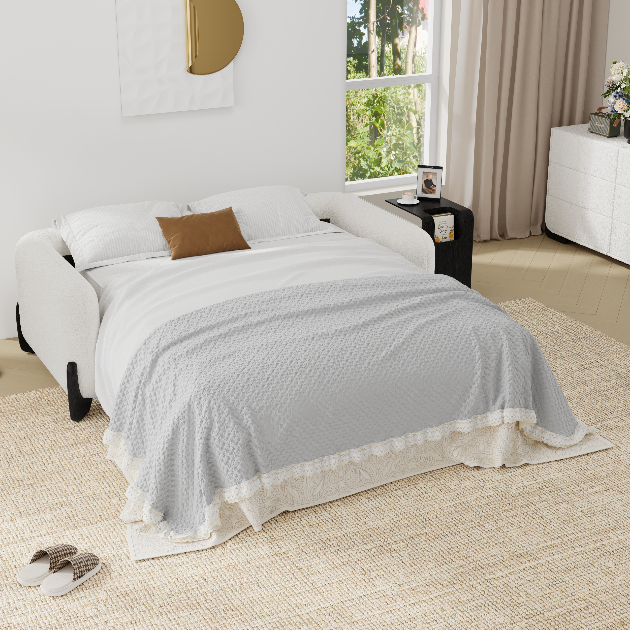Curva Queen Size 3-Seater Boucle Sofa Bed Pop Up Sleeper Sofa with Mattress