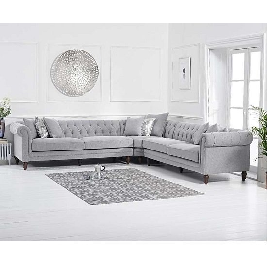 Bodzar Chesterfield Corner Sofa In Linen Grey With Wood Feet