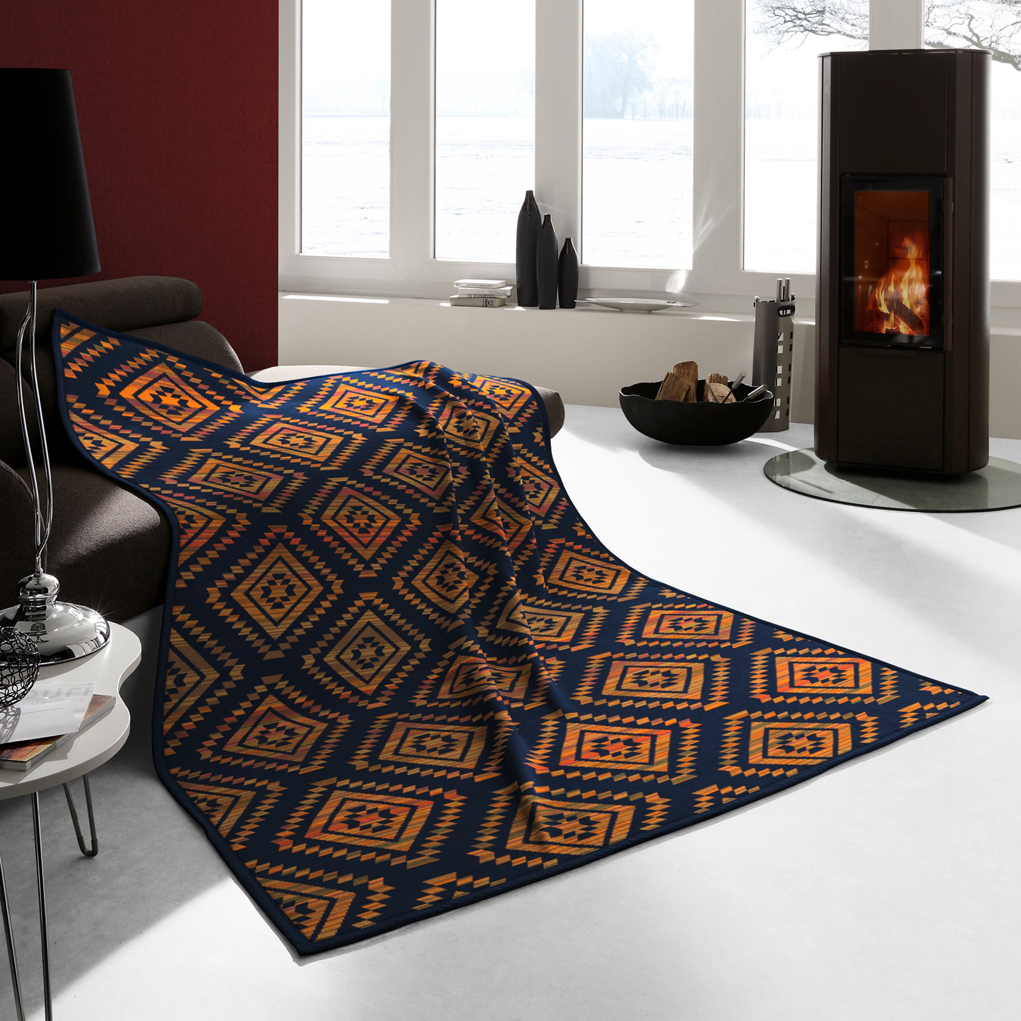 Thermosoft Ethno Shade Orange Blanket Navy Blue, Pink and Yellow