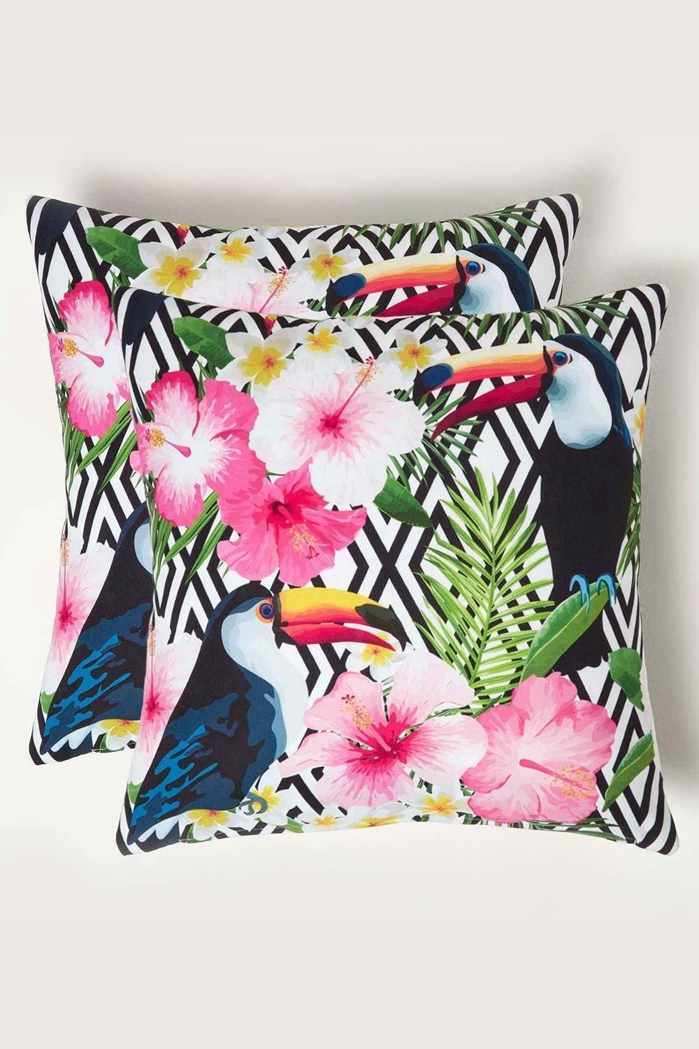 Homescapes Luxury Waterproof Tropical Toucan Outdoor Cushion 45 x 45 cm, Set of 2 in Pink