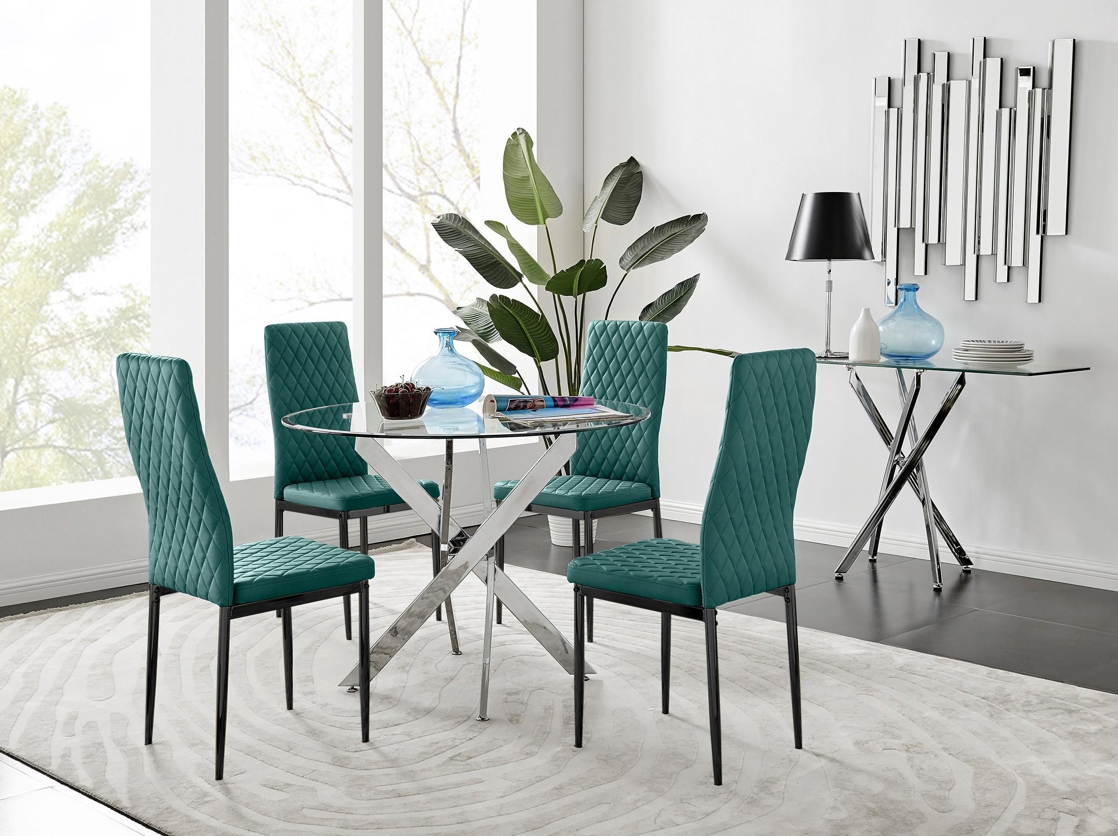 FurnitureboxUK Novara 100cm Round Dining Table & 4 Velvet Milan Black Leg Chairs in Green