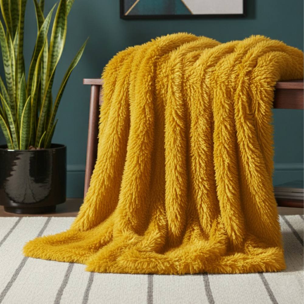 Snug City Cuddly Extra Fluffy Throw Ultra Soft Plush Blanket Sofa Bed Home Decor in Yellow