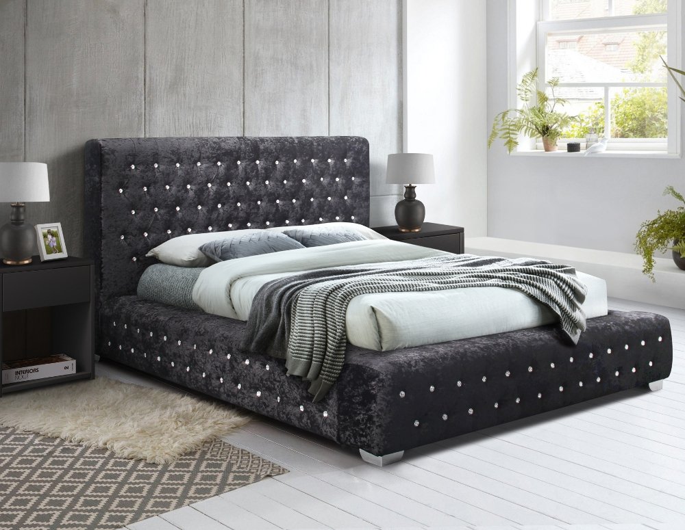 Grande Black Crushed Velvet Fabric Bed Frame - 4ft6 Double