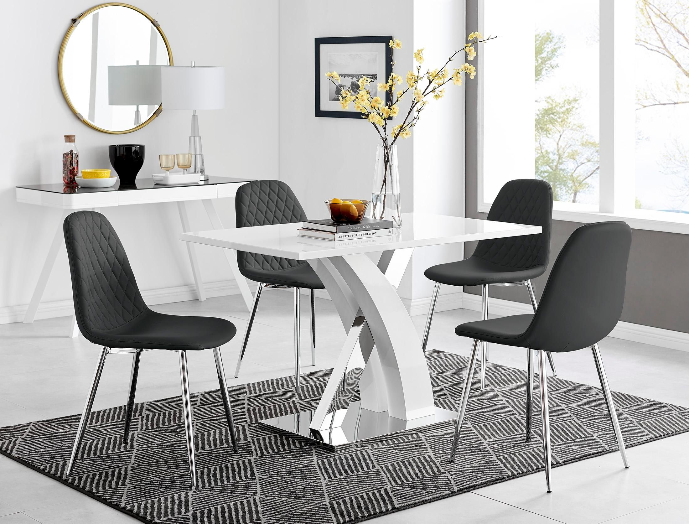 FurnitureboxUK Atlanta White High Gloss & Chrome 4 Seater Dining Table with X Shaped Legs & 4 Faux Leather Corona Chairs in Black