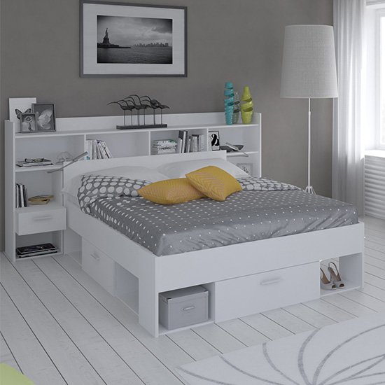 Chigona Wooden Double Bed In Matt White With Drawers