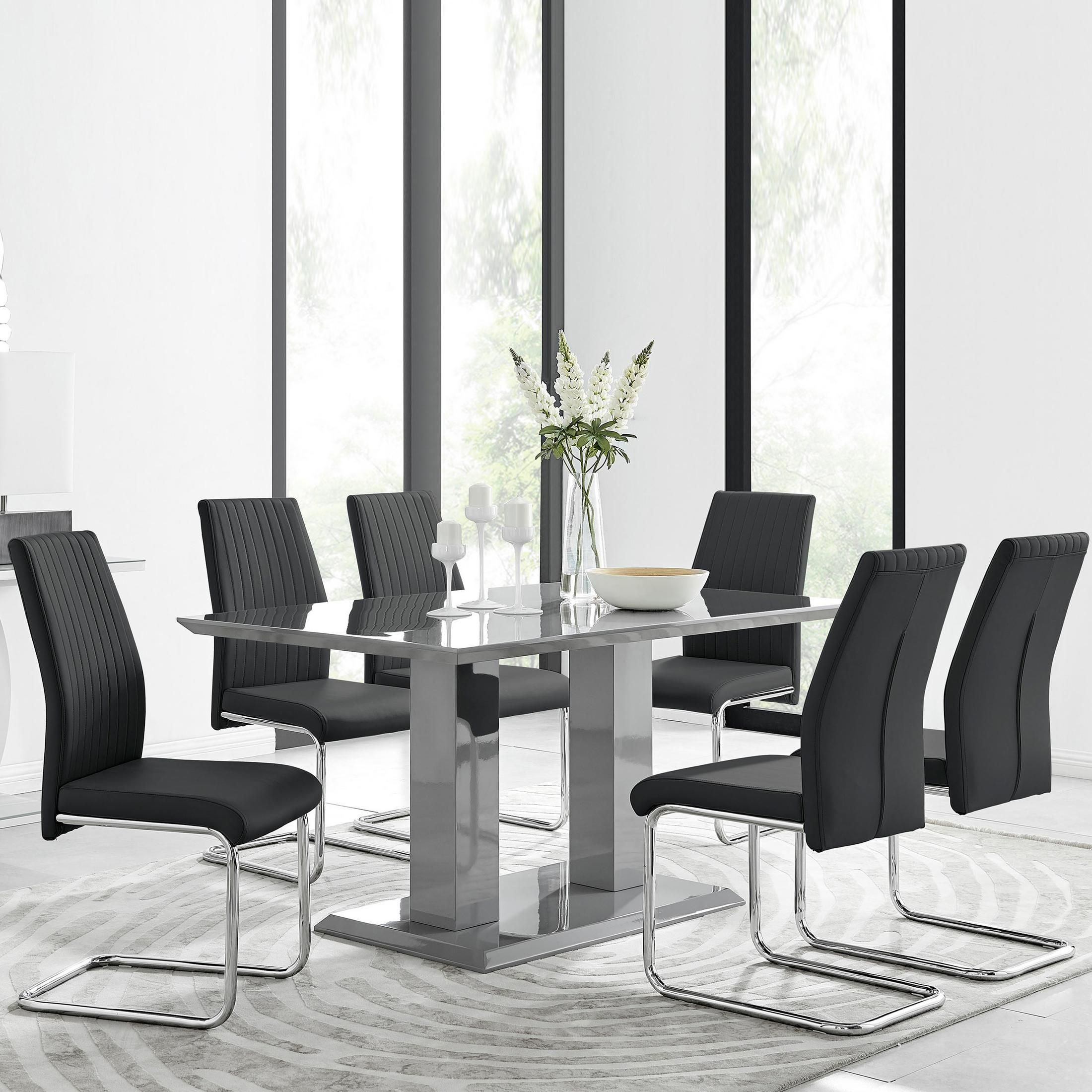 FurnitureboxUK Imperia Grey Modern High Gloss Dining Table & 6 Lorenzo Dining Chairs Set in Black