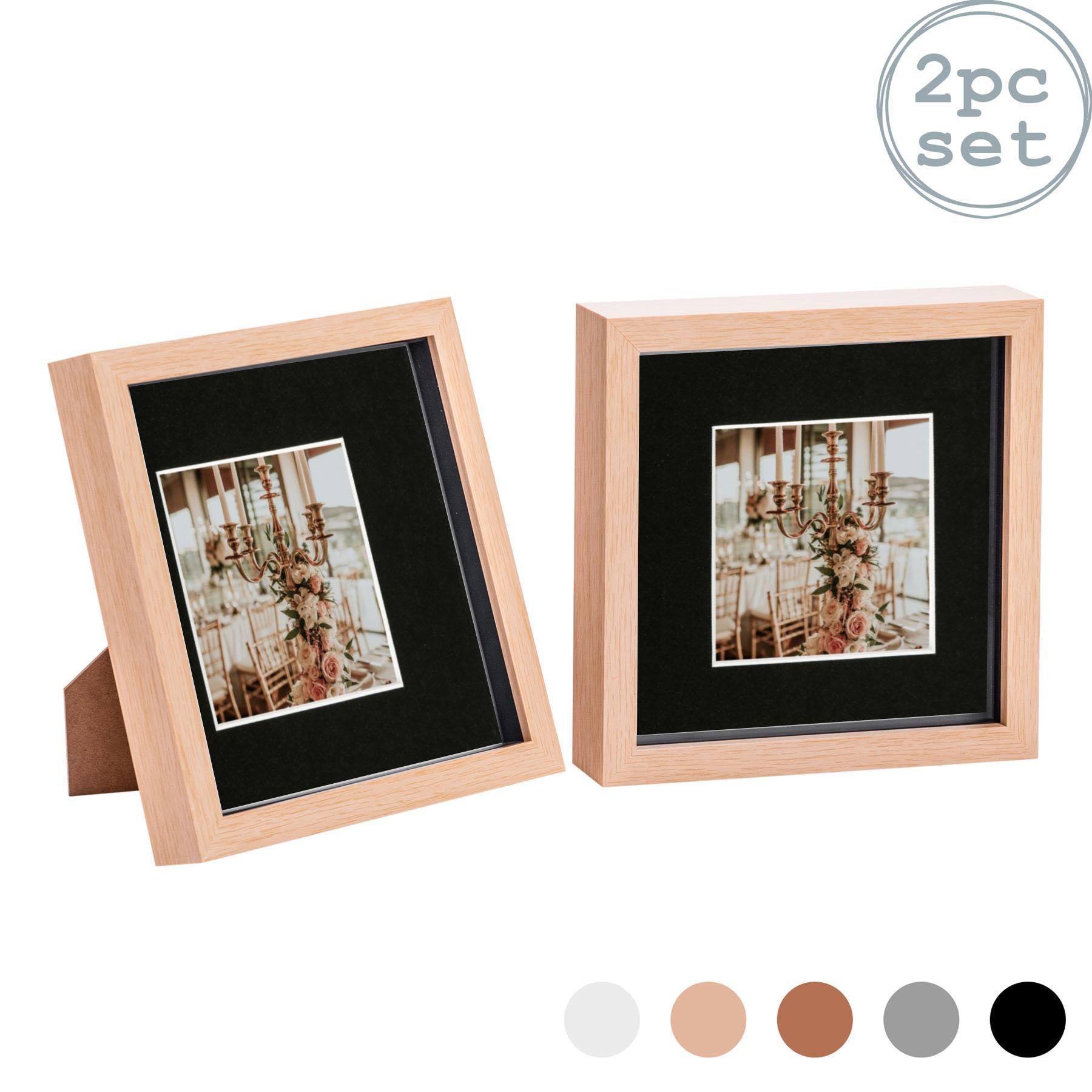 Nicola Spring 3D Box Photo Frames - 8 x 8" with 4 x 4" Mount - Grey Mount - Pack of 2 in Light Brown