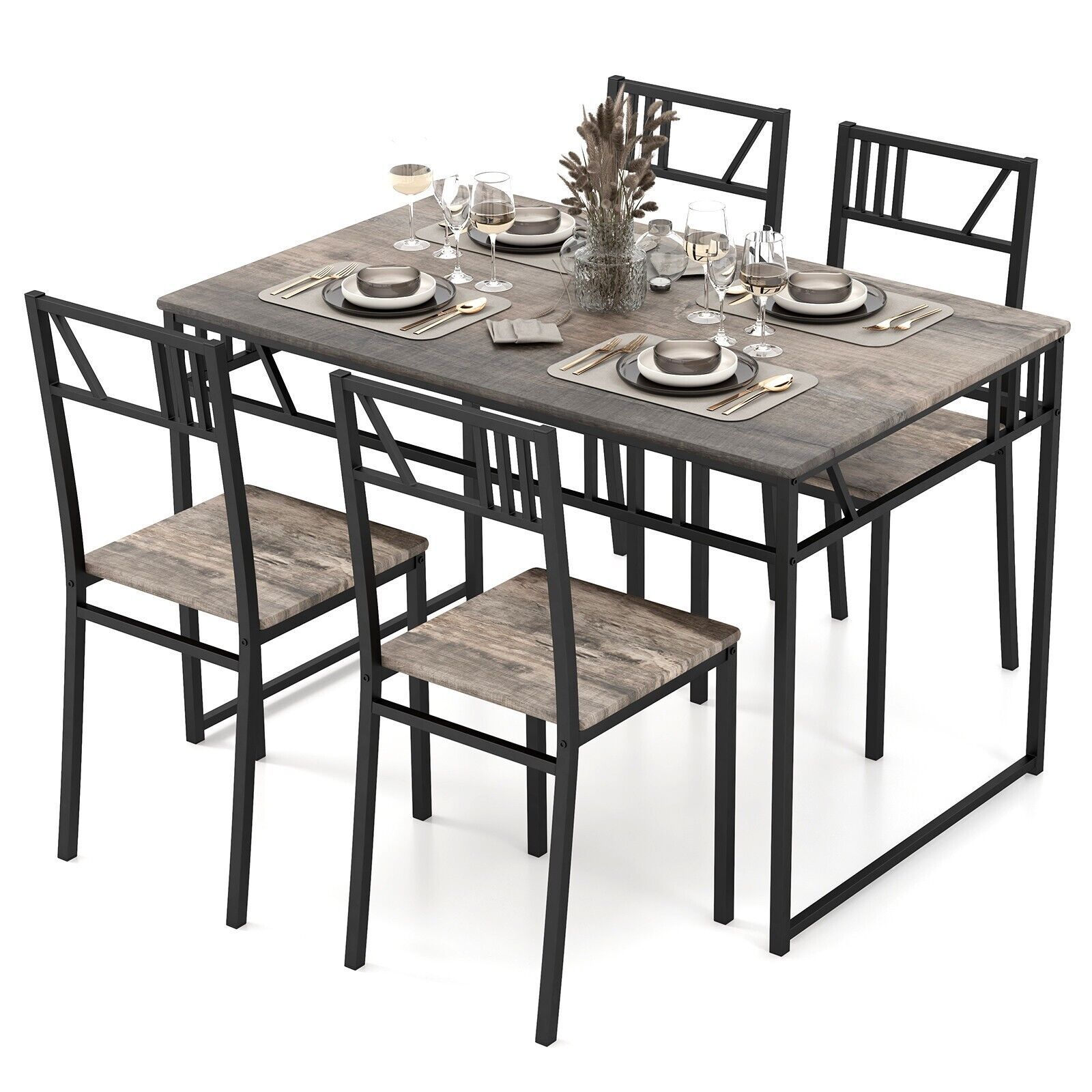 Costway Industrial 5 Piece Dining Table Set Kitchen Table & 4 Chairs Rectangular Table in Grey