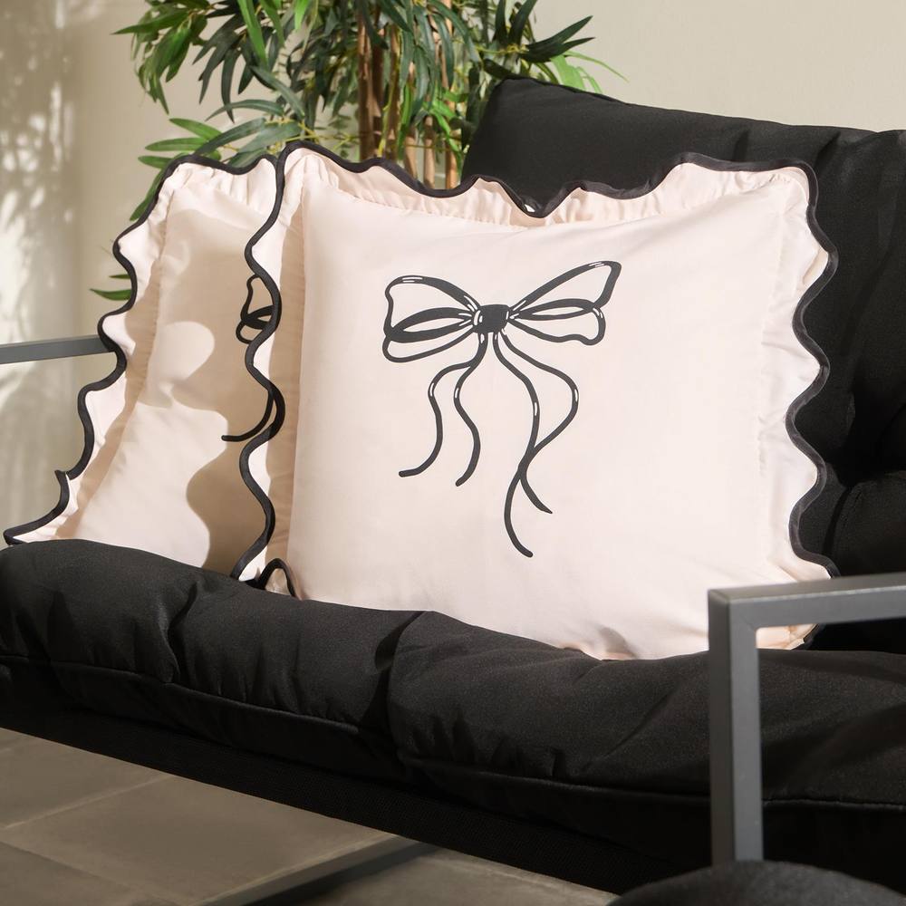 OHS 2 x Bow Frill Garden Cushion Covers Outdoor Water Resistant in Cream
