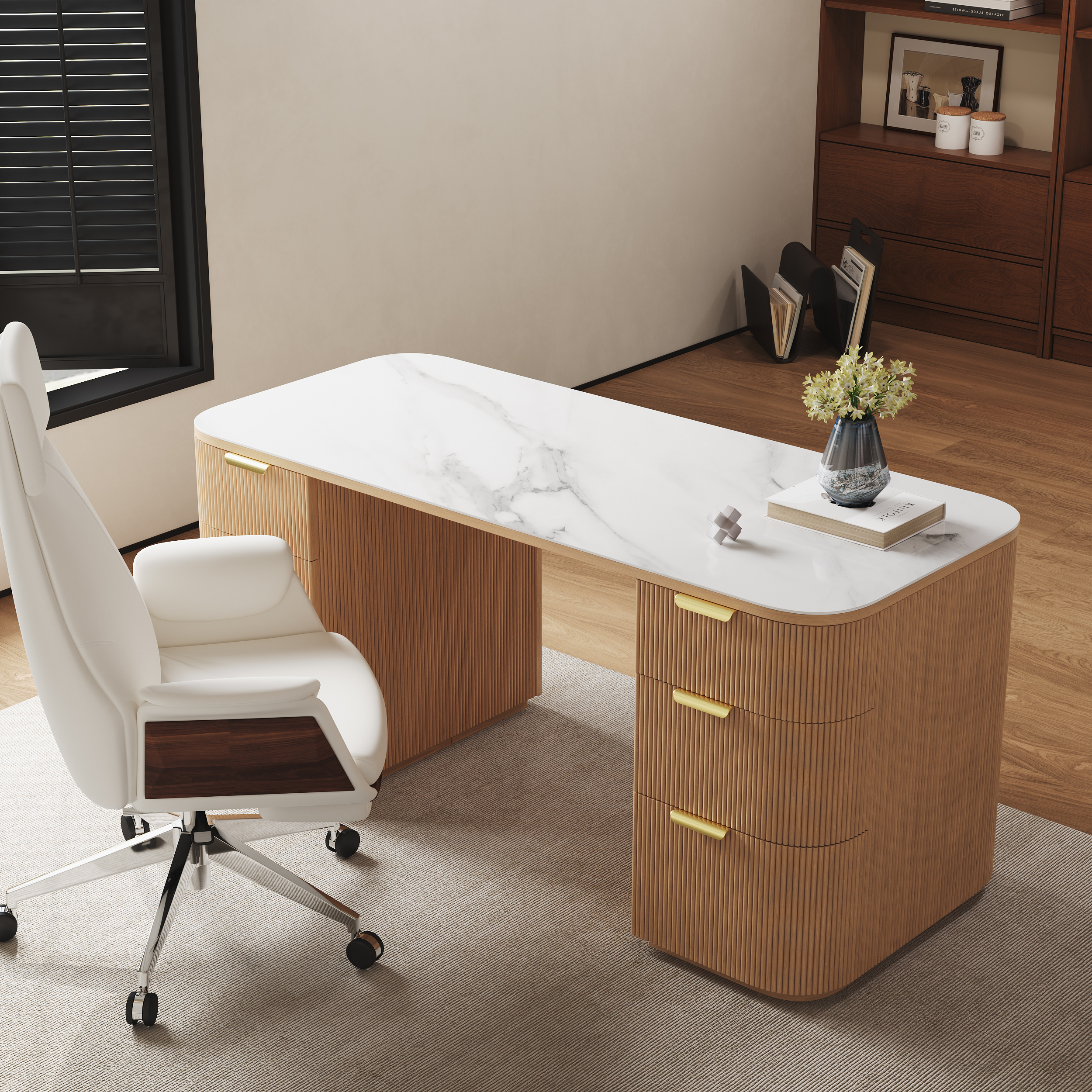 Modern White Ash Wood Rectangle Desk & Reclining Leather Office Chair (63.8")