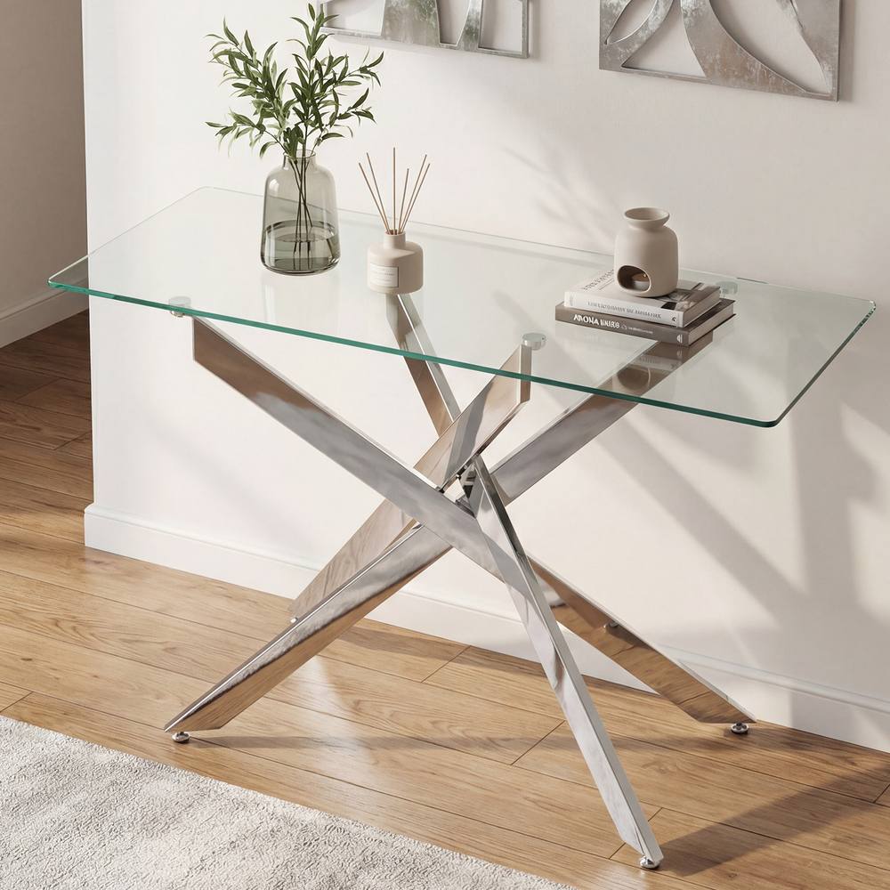 Costway Glass Console Table 115CM Entryway Table w/ Clear Tempered Glass Top in Silver