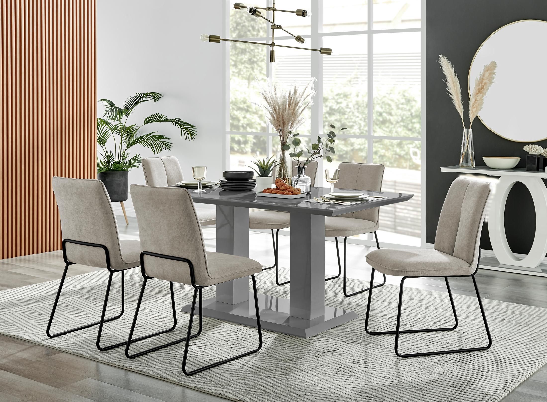 FurnitureboxUK Imperia High Gloss Grey Dining Table & 6 Halleyy Chairs in Taupe