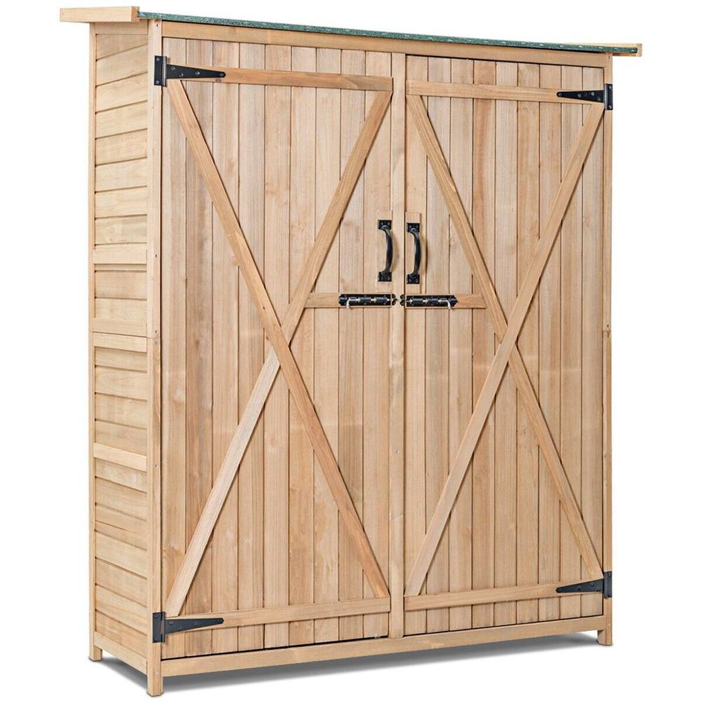 Costway Garden Storage Shed Outdoor Wooden Tool Storage Cabinet W/ Lockable Doors in Natural