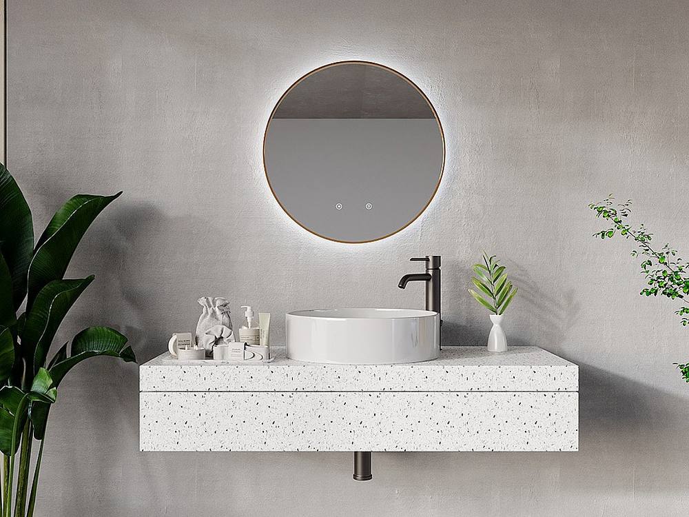 Vente-unique Round Illuminated Anti-Fog Bathroom Mirror With Golden Frame - D60 Cm in Gold