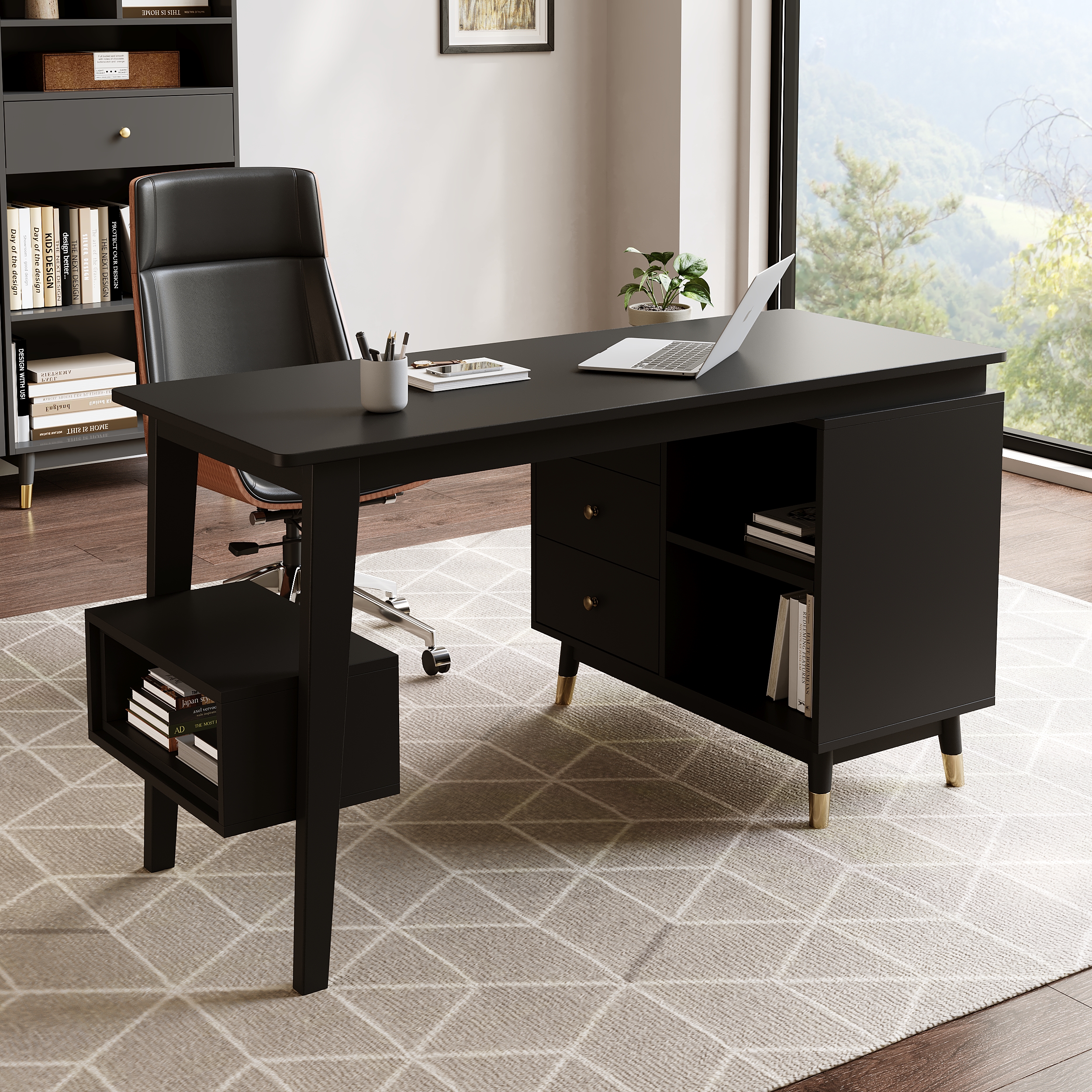 Ultic Matte Black L-Shaped Home Office Desk & Faux Leather Office Chair Set with Wheels