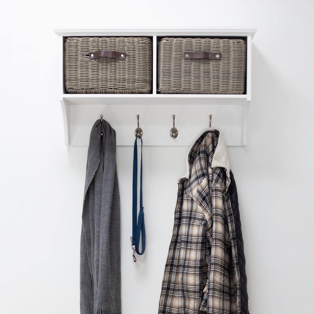 Statement Furniture Tetbury Coat Rack Hanging Shelf with 2 Grey Storage Baskets in White