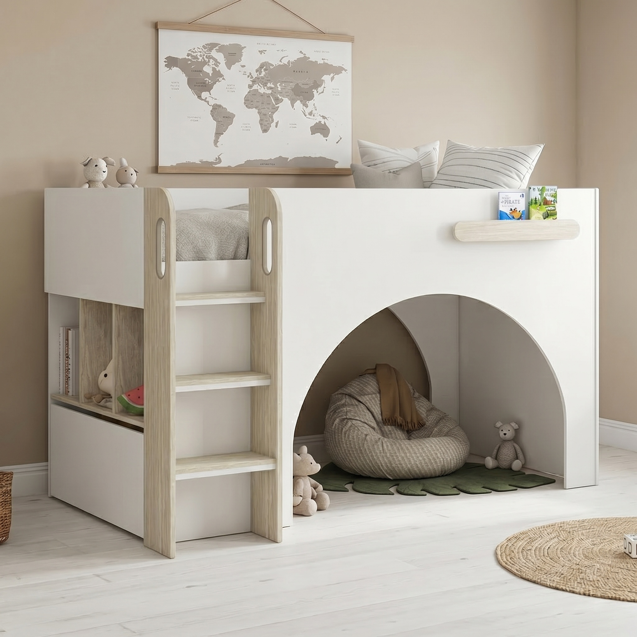 Curve - Single - Storage Midsleeper Bed with Shelves and Drawer - White/Oak - Wooden - 3ft