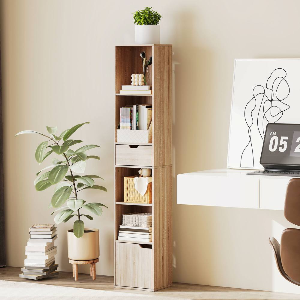 HOMCOM Narrow Bookshelf with Drawer, Tall Bookcase for Living Room in Natural