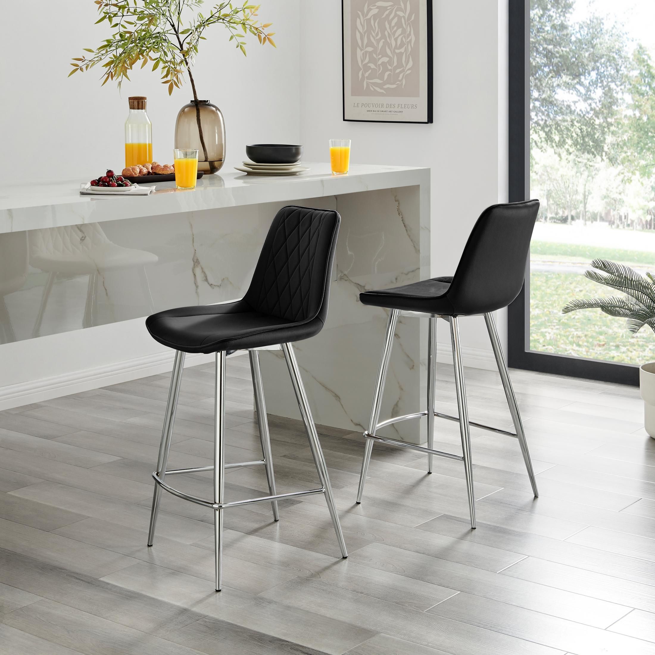 FurnitureboxUK Pesaro Set of 2 Velvet Silver Legs Counter Stools in Black