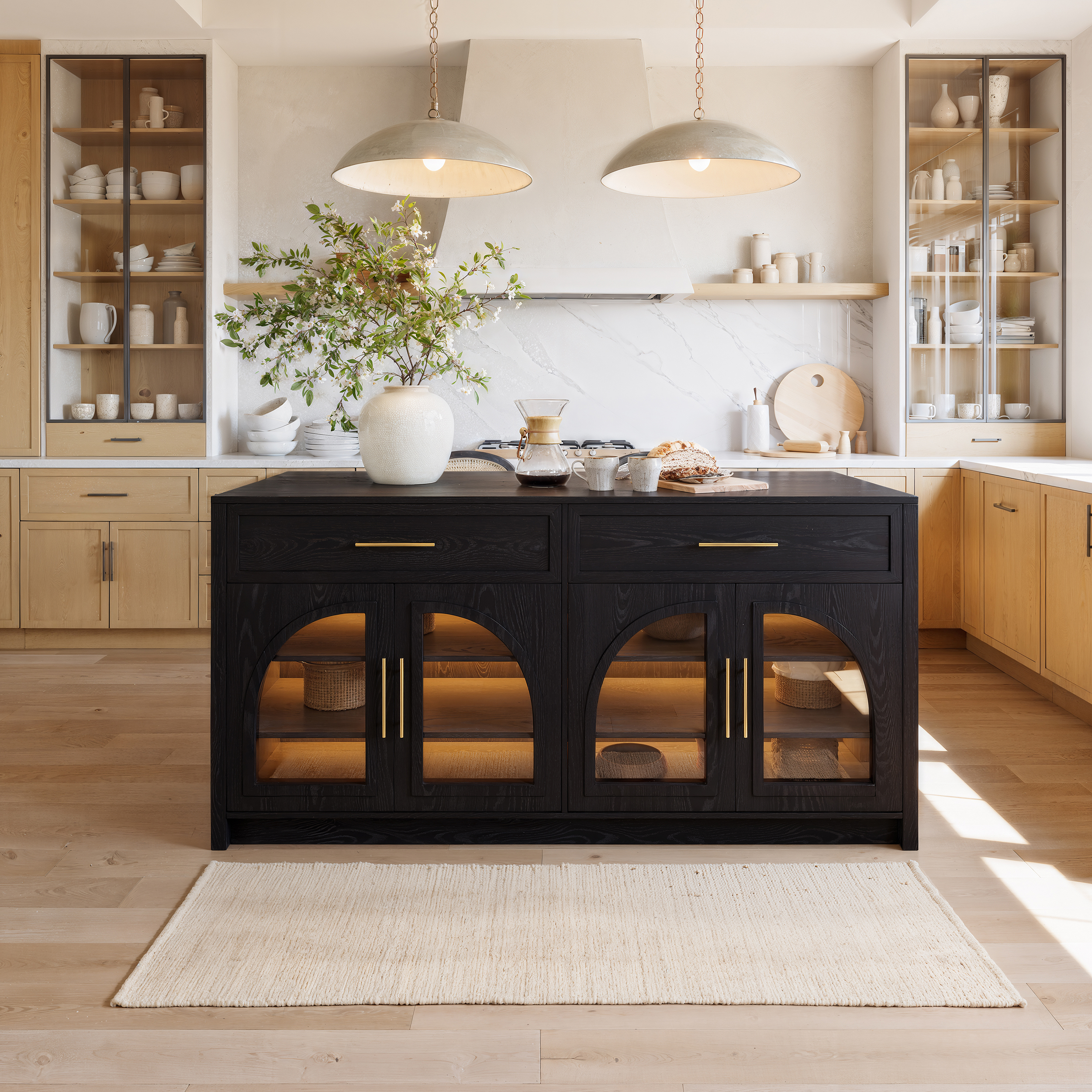 Arune 180 cm Modern Black Kitchen Island with Glass Doors, LED Light Strip， Ample Storage