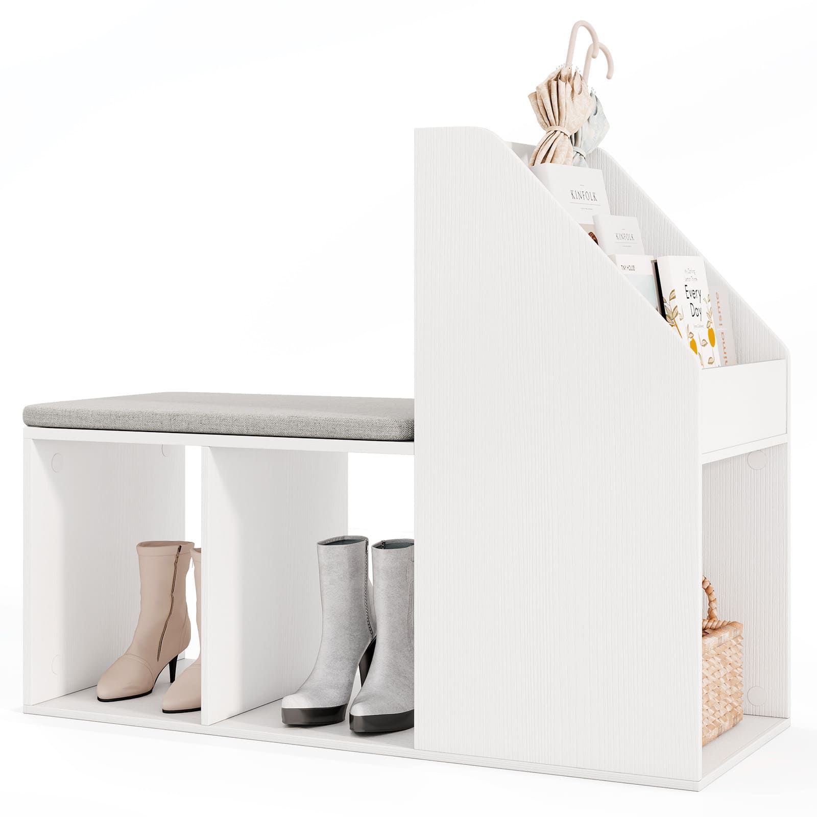 Costway Shoe Storage Bench Entryway Bench 3-Tier Rack w/ Cushion in White