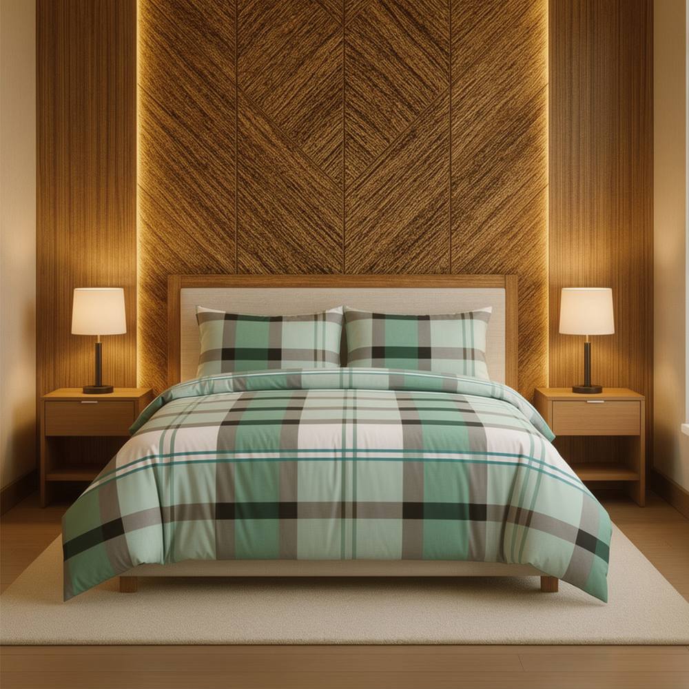 Snug City Duvet Cover & Pillowcase Set Tartan Check Design Polycotton Linen in Green