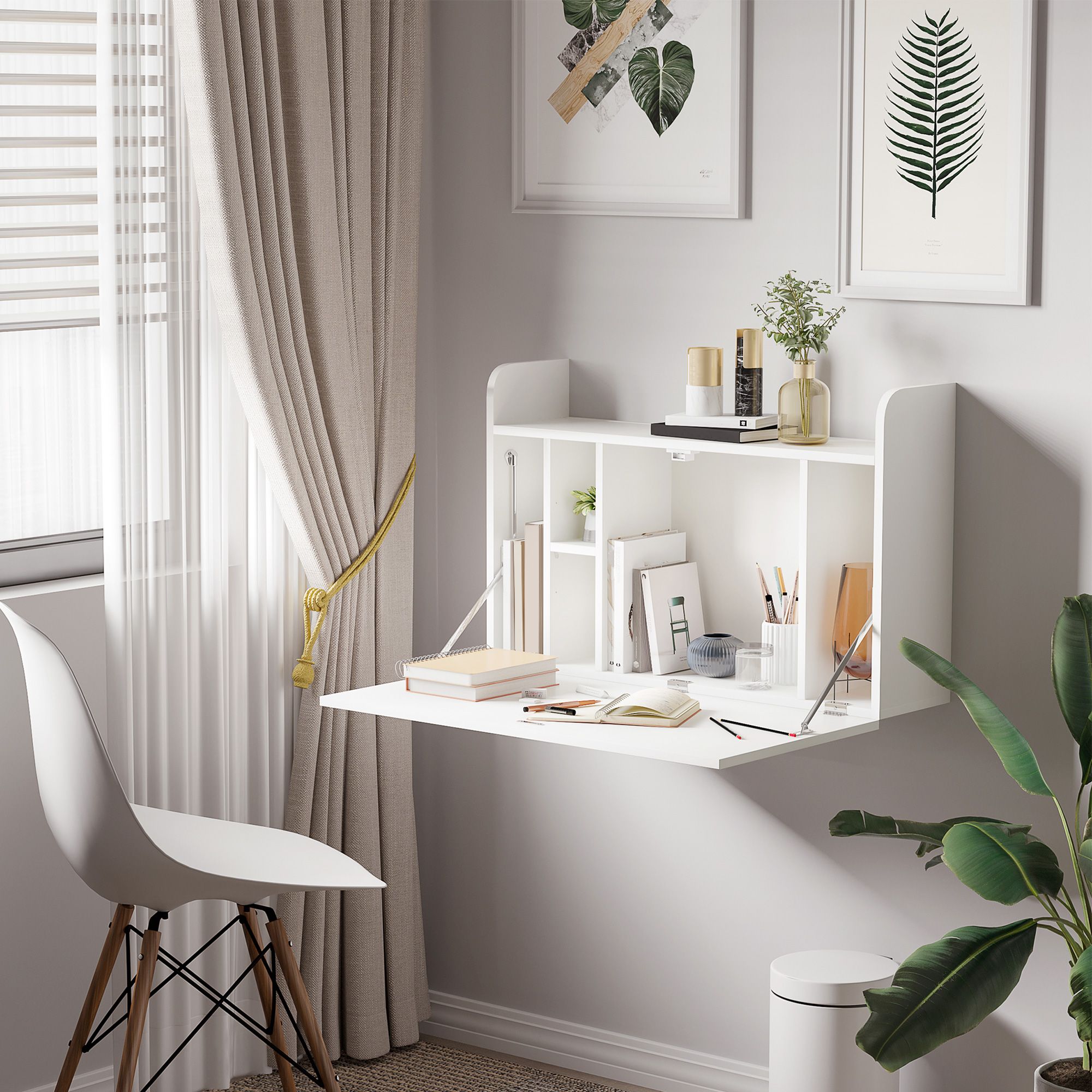 HOMCOM Wall Mounted Table Drop Leaf Floating Laptop Desk with Storage in White
