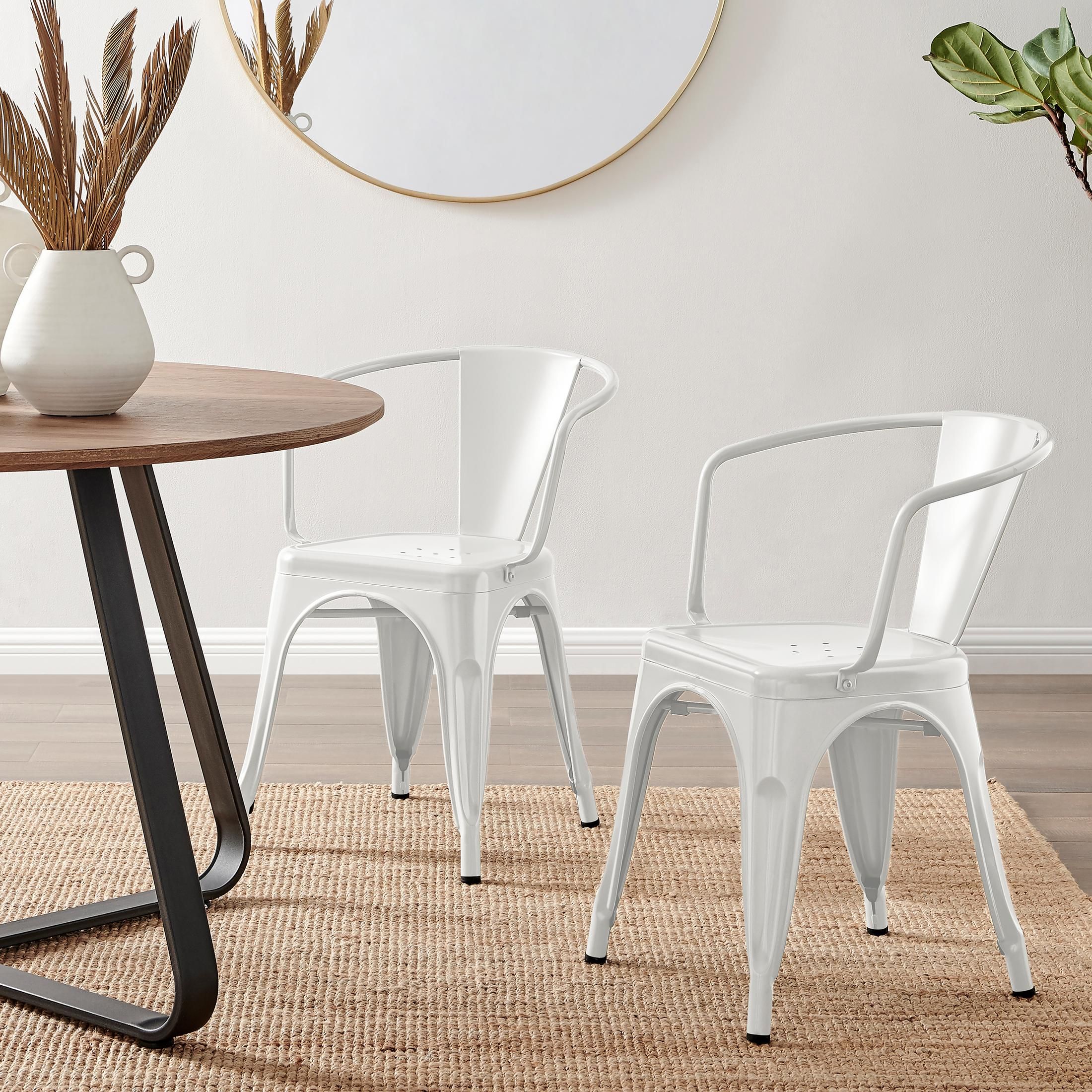 FurnitureboxUK Set of 2 Colton Industrial Steel Stackable Tolix Style Dining Chairs with Arms in White