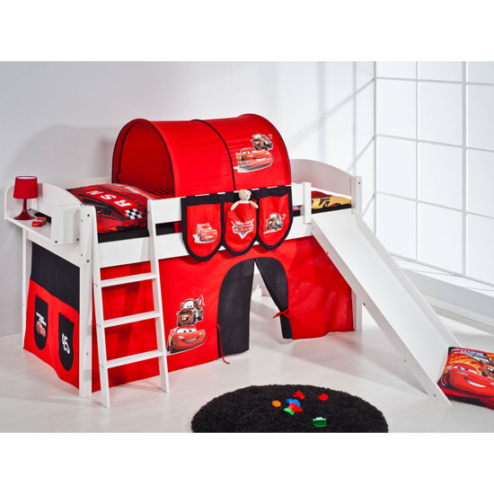 Lilla Slide Children Bed In White With Disney Cars Curtains