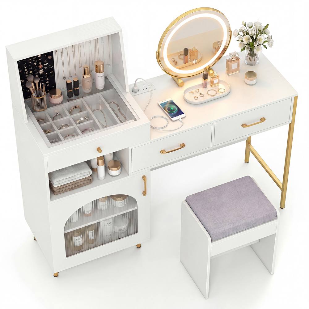 Costway Vanity Desk Set w/ Mirror & Lights Makeup Dressing Table w/ Stool in White