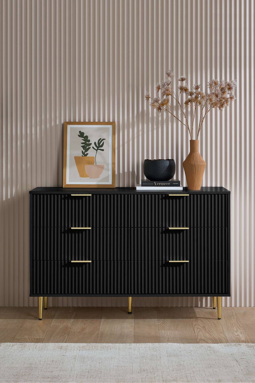 Birlea Zaza Black 6 Drawer Chest Fluted Bedroom Storage