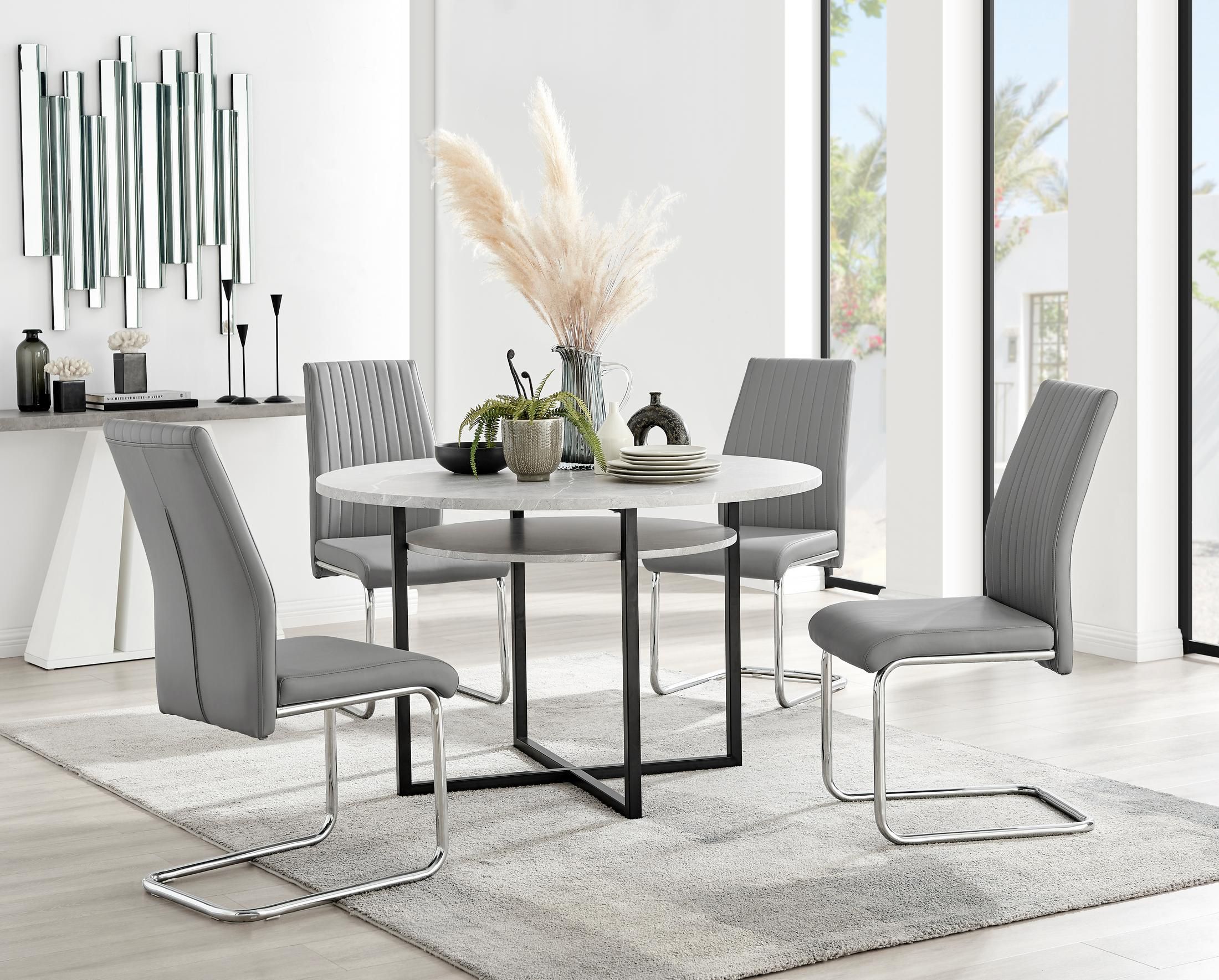 FurnitureboxUK Adley Grey Concrete Effect Round Dining Table & 4 Lorenzo Faux Leather Chairs